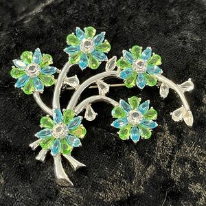 Silver Flower Power Brooch with Aqua and Green Accents